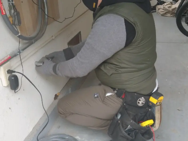 Electrician performing outlet wiring in a Pike Creek garage